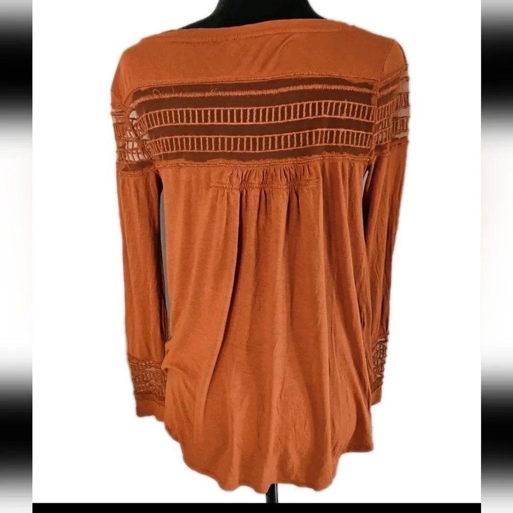 Free People Womens Brown Mesh Inset Tee Casual Trendy Long Sleeve Top S